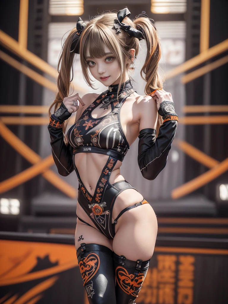 (Full Body View:1.3)、(Back view:1.4)、(Smiling with teeth showing:1.3),(Shibuya Gal:1.5)、(Gothic ta style fashion:1.5)、(Punk RockVisual Kei:1.5)、(Wearing a rhythmic gymnastics bodysuit with intricate details:1.4)、(Racing suit and pants with intricate white and orange decorations:1.5)、(Denim and orange and white boots:1.3)、((belt))、(Numerous delicate logo marks all over the costume:1.4)、(collar:1.3)、(Striped underwear:1.5)、20-year-old、NSFW、((Highest quality、In 8K、masterpiece:1.3))、Sharp focus:1.2、(Layered Cut、Huge boobs:1.1),Beautiful woman with perfect figure:1.4、(Dancing vigorously:1.3)、Slender Abs:1.2、Highly detailed face and skin texture、Detailed eyes、double eyelid,(Twin tails:1.3)、(Brown-golden hair:1.3)、Gravure idol、(The background is the stage of the fashion show:1.3)、(Slim body:1.3),(Make your legs thinner:1.4),(clavicle:1.1)、(Thin and slim thighs:1.3)