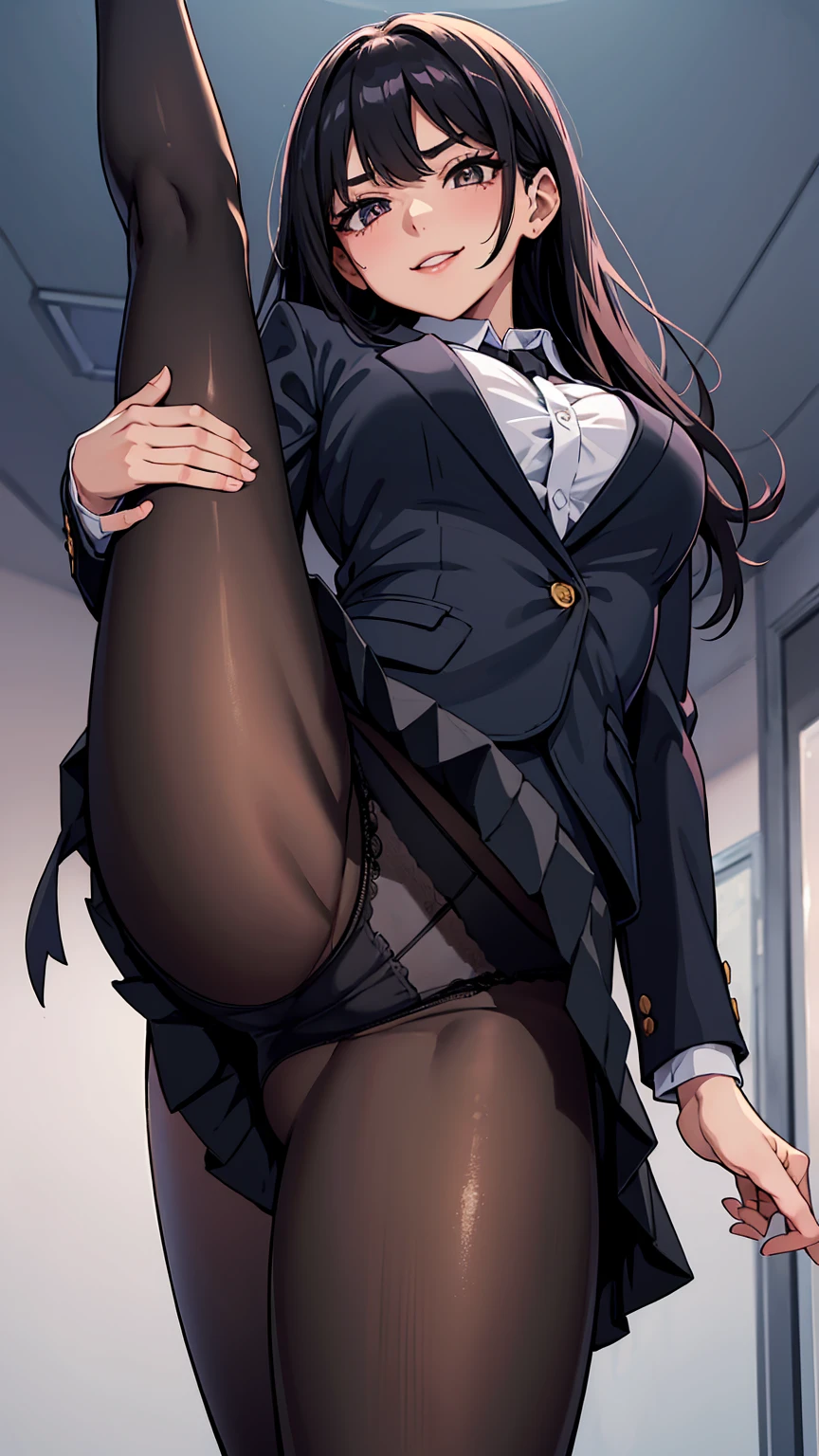 One Girl, Five Fingers, mini skirt, Looking down at the viewer, Black Hairロングヘアー, Highest quality, Focus on the thighs, Dynamic pose, smile, blazer, blouse, Black Pantyhose, panties under pantyhose, Standing Split, classroom, Black Hair, Stylish pose,My thighs and groin are steamy 