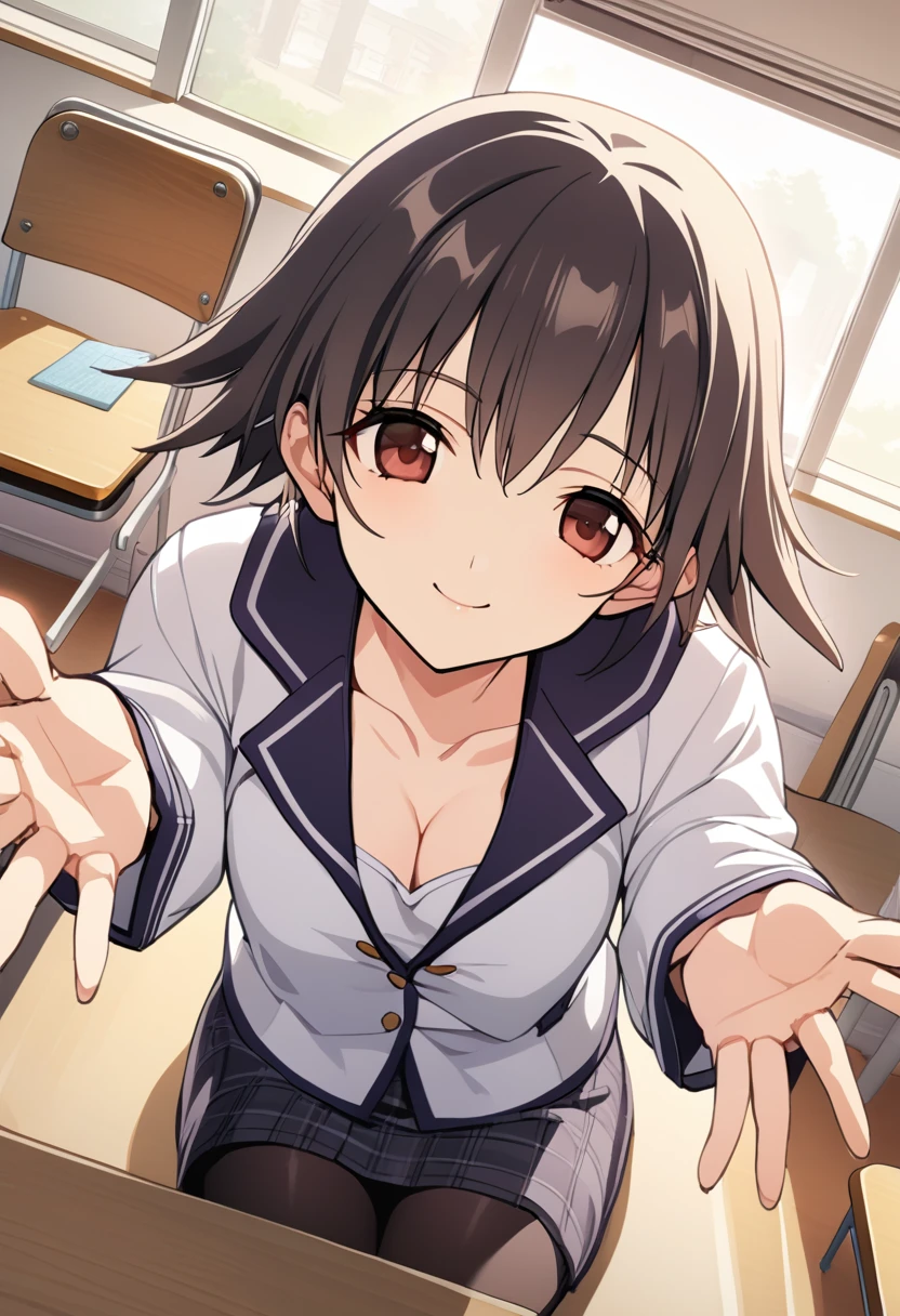 One girl,Nozomi、The upper body is shown、slender body,ideal ratio body proportions,Gentle expression、smile、classroom、Sitting、uniform、Cleavage,With arms outstretched、looking viewer,Leaning forward、from above,A complete depiction of the human body、masterpiece, Highest quality, Game CG, ultra detailed、highres、extremely detailed CG