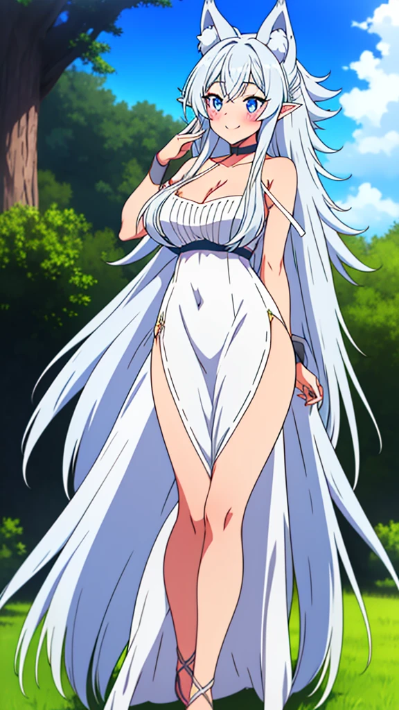 lvl2kara, Fenrys, Fenrisu, long hair, silver hair, light blush, smile, wolf girl, starrystarscloudcolorful, full body, adult, FenrysLv2, grey hair, very long hair, blue eyes, wolf ears, pointy ears, choker, white dress, bare shoulders, black ribbon, cleavage, strap slip