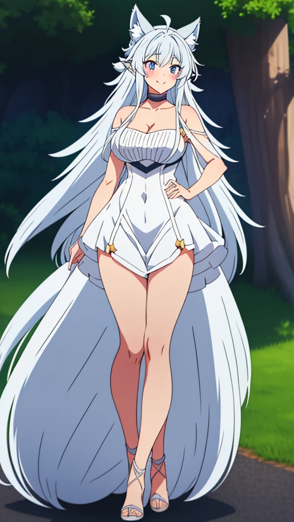 lvl2kara, Fenrys, Fenrisu, long hair, silver hair, light blush, smile, wolf girl, starrystarscloudcolorful, full body, adult, FenrysLv2, grey hair, very long hair, blue eyes, wolf ears, pointy ears, choker, white dress, bare shoulders, black ribbon, cleavage, strap slip