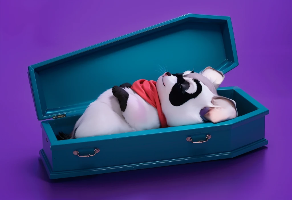 purple cartoon 3D raccoon lies dead in a coffin with his eyes closed and his arms folded on his chest This image features a cartoonish raccoon character lying in a blue coffin. The raccoon is dressed in a purple outfit with a red scarf and has a black mask painted on its face. The character appears to be peacefully purple cartoon 3D raccoon lies dead in a coffin purple cartoon 3D raccoon lies dead in a coffin with his eyes closed and his arms folded on his chest with his eyes closed and his arms folded on his chest resting with its eyes closed. The scene is set against a gradient blue background, which enhances the somber yet whimsical nature of the image. The bright colors of the raccoon's outfit and the coffin create a striking contrast, adding to the surreal and imaginative quality of the scene. purple cartoon 3D raccoon lies dead in a coffin with his eyes closed and his arms folded on his chest purple cartoon 3D raccoon lies dead in a coffin with his eyes closed and his arms folded on his chest