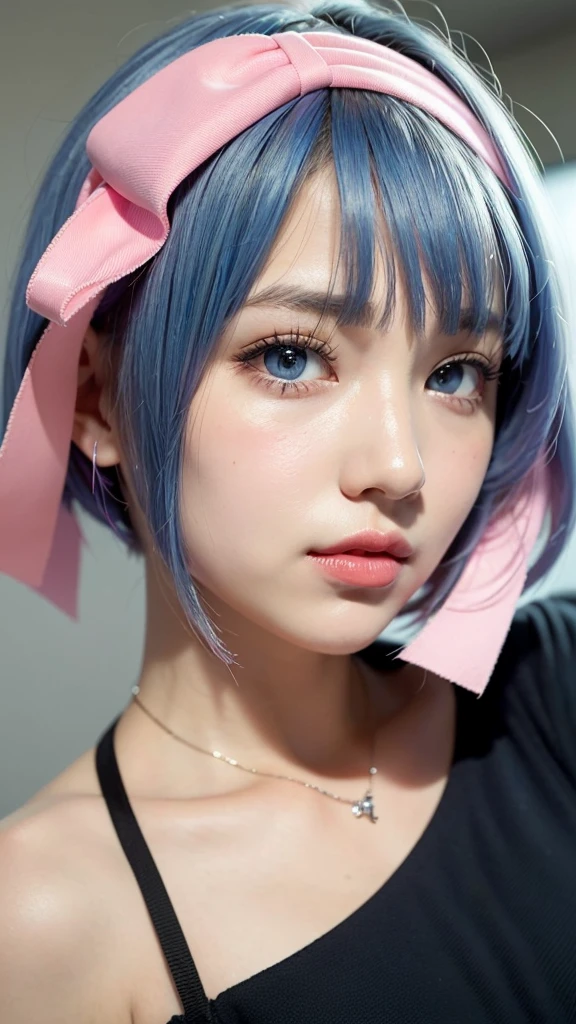 R_it is_meter, 1 girl,(beautiful face:1.25) short blue hair, blue eyes, hair above one eye, hair ornaments, pink hair ribbon, Rem's maid outfit, removed sleeve, Upper body, Are standing,indoors, living room, sofa, table, window