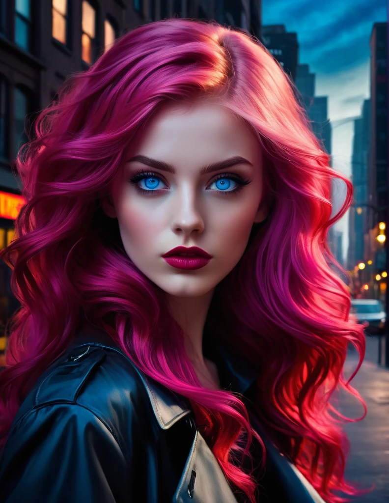 very attractive 25 year old girl with long bright pink hair, Visualize a noir detective with tousled waves of hair framing her steely blue eyes, reflecting the shadows of the city streets. Her lips, painted in a deep crimson red, convey a sense of danger and intrigue as she stands against the backdrop of a monochrome cityscape, ready to unravel the mysteries of the night.