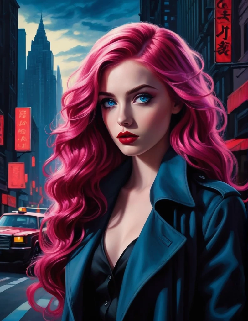 very attractive 25 year old girl with long bright pink hair, Visualize a noir detective with tousled waves of hair framing her steely blue eyes, reflecting the shadows of the city streets. Her lips, painted in a deep crimson red, convey a sense of danger and intrigue as she stands against the backdrop of a monochrome cityscape, ready to unravel the mysteries of the night.
