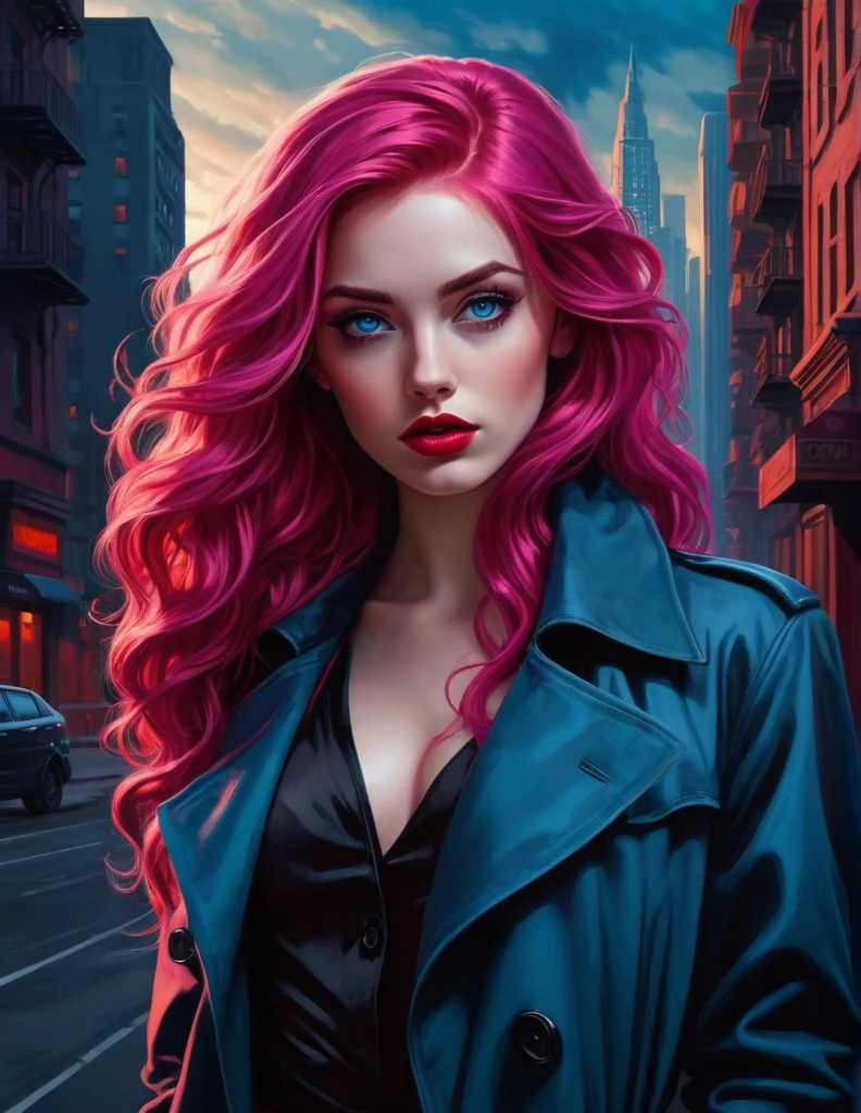 very attractive 25 year old girl with long bright pink hair, Visualize a noir detective with tousled waves of hair framing her steely blue eyes, reflecting the shadows of the city streets. Her lips, painted in a deep crimson red, convey a sense of danger and intrigue as she stands against the backdrop of a monochrome cityscape, ready to unravel the mysteries of the night.