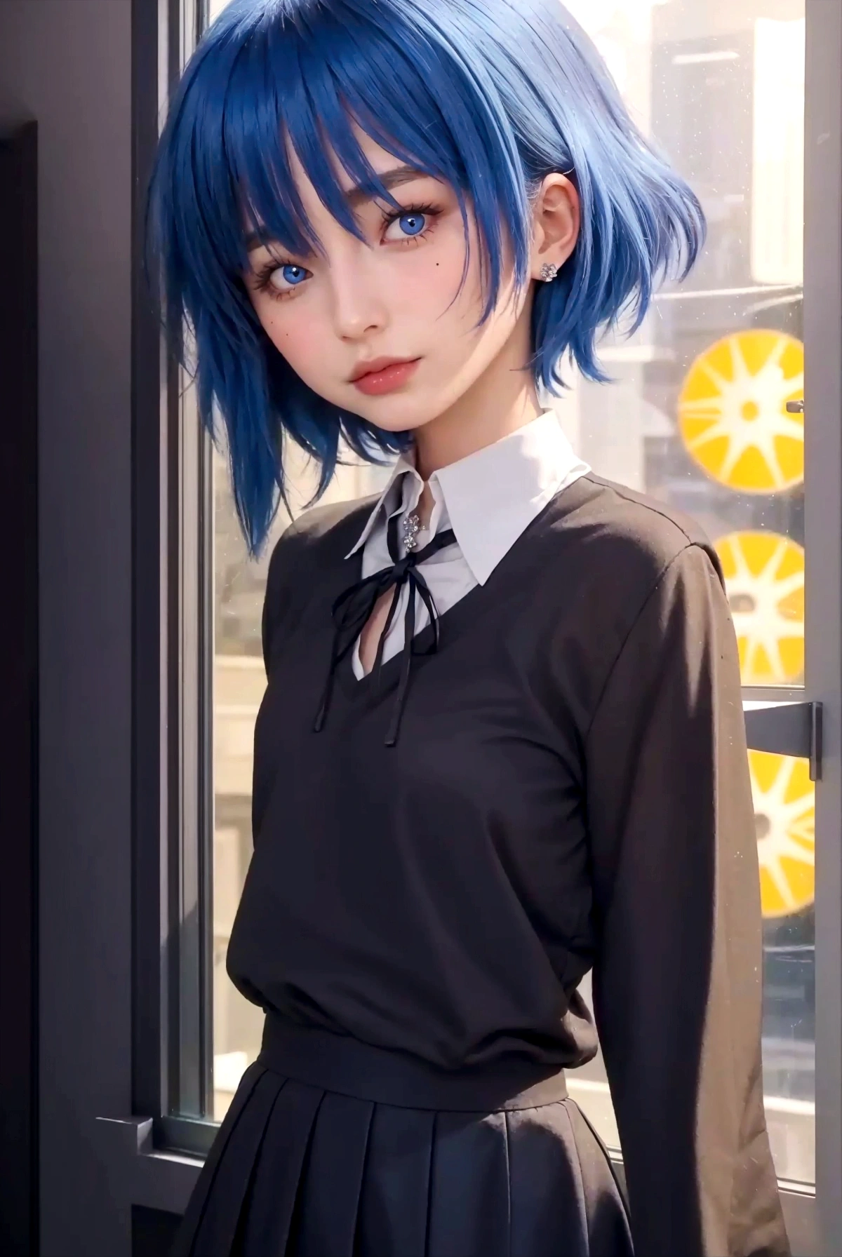 elegant european girl with blue hair and a mole under the eye in front of a display window
