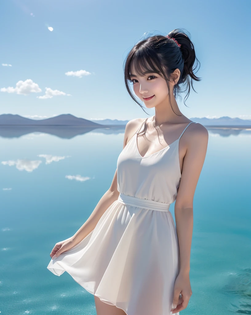(Highest quality, 32k, High resolution, Masterpiece:1.5), marimo_jet, god々A photograph with brilliant dazzling and healing power., Evoking a sense of calm and elusive beauty, Expressing emotions, Have a rich imagination, Beautiful Japanese Girls, An exceptionally beautiful face, Small Face Beauty, , Perfect Human Anatomy, Magical big eyes, Motherhood and generosity, Deep Love, fleeting smile, Shiny black hair, Ponytail swaying in the wind, Asymmetrical bangs, Hair between the eyes, Transparent, soft white skin, Sharp eyebrows, Thin lashes, ((Natural Makeup:1.3)), White dress, High resolutionの完璧な鎖骨, High resolutionの美しい胸元, Slim figure with ample breasts, High resolutionの美しい太もも, ((Distant Horizon:1.5)), ((Salar de Uyuni stretches to the horizon:1.3)), ((The water surface reflects the sky like a mirror:1.5)), Beautiful detailed blue sky, Professional photographer, Professional Lighting, Professional models
