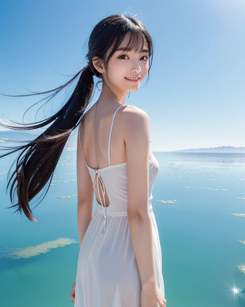 (Highest quality, 32k, High resolution, Masterpiece:1.5), marimo_jet, god々A photograph with brilliant dazzling and healing power., Evoking a sense of calm and elusive beauty, Expressing emotions, Have a rich imagination, Beautiful Japanese Girls, An exceptionally beautiful face, Small Face Beauty, , Perfect Human Anatomy, Magical big eyes, Motherhood and generosity, Deep Love, fleeting smile, Shiny black hair, Ponytail swaying in the wind, Asymmetrical bangs, Hair between the eyes, Transparent, soft white skin, Sharp eyebrows, Thin lashes, ((Natural Makeup:1.3)), White dress, High resolutionの完璧な鎖骨, High resolutionの美しい胸元, Slim figure with ample breasts, High resolutionの美しい太もも, ((Distant Horizon:1.5)), ((Salar de Uyuni stretches to the horizon:1.3)), ((The water surface reflects the sky like a mirror:1.5)), Beautiful detailed blue sky, Professional photographer, Professional Lighting, Professional models