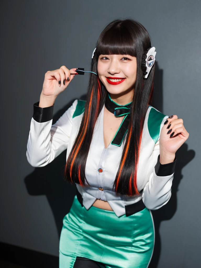 (extremely detailed CG), (best quality), 1girl, perfect face,shiny skin,narrow waist, wide hips  AzuArk,high heels, footwear,humagear_headphones,black nails,white jacket,skirt,long sleeves,red hair, red eyes, blunt bangs,pantyhose,multicolored hair,long hair,bangs,black hair,evil huge laugh,lipstick,sadistic smile,deep shaded face,,smile worst,worst ridecule,evil moukery,,two hands,five fingers,evil darkness background,