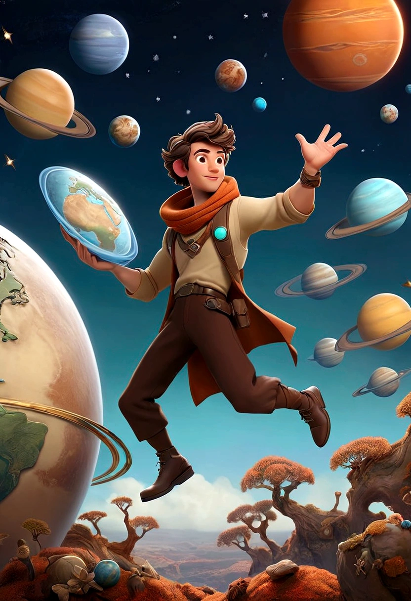 A man flies through the sky,Surrounded by a planet,A variety of goods surround it。The man holds the map,'s illustration。