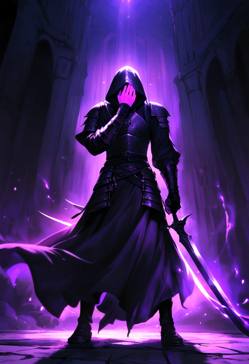 Priest Warrior, his two hands hold two large dark blades, that scratch the floor, Full body, Two purple lights come out of his eyes, dark fantasy style, Clothes and armor dyed black, With a hoodie, that covers his face