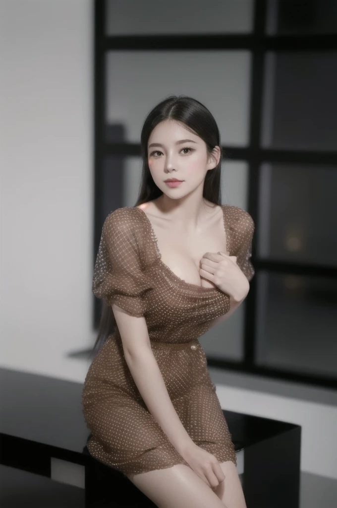photo of a 18 y.o girl, beautiful vintage color, instagram (photorealistic, high resolution:1.4), ((puffy eyes)), looking at viewer, , full body (8k, RAW photo, best quality, masterpiece:1.2), (realistic, photo-realistic:1.37), (sharp focus:1.2), professional lighting, photon mapping, radiosity, physically-based rendering, (pale skin:1.2), (huge breasts:1.2), looking at viewer, (middle hair:1.5), portrait, purple eyes, (sliver hair:1.1), bangs, (simple background:1.4), solo, upper body, realistic, (masterpiece:1.4), (best quality:1.4), (shiny skin), fashion girl, makeup, smile(skinny, closed mouth,shy:1.3), (sheer sun dresses:1.5513), (standing:1.1), medium bust, vulgar pose, {NSFW:2.0}, cute smile