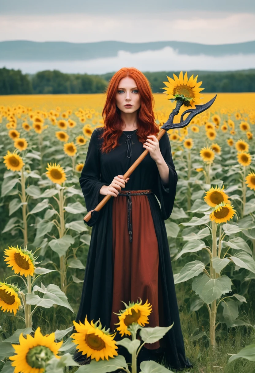 Red Hair Witch with a trident in her hand in a field of sunflowers