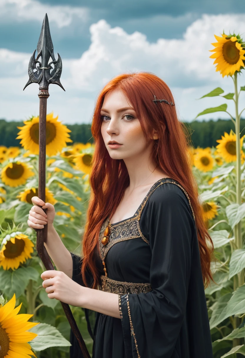 Red Hair Witch with a trident in her hand in a field of sunflowers