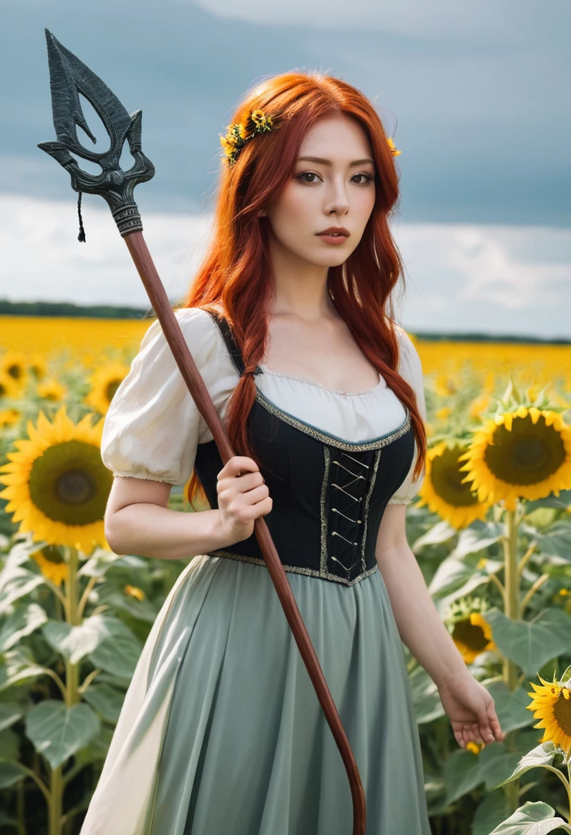 Red Hair Witch with a trident in her hand in a field of sunflowers