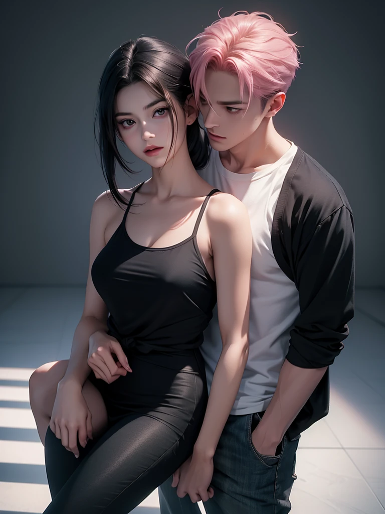Tall handsome young man with dark hair, Her long black hair was tied in a tight ponytail., Short bangs, Iris, He is wearing a white T-shirt and white jeans、Embracing an incredibly beautiful young femme fatale, She has pink hair、Standing next to him with very short hair, She has glowing green eyes, She is wearing a simple black dress.. masterpiece, Perfect Image, Realistic photos, Detailed facial study, Full body image, 8K, Detailed Images. Highly detailed illustration, 最高品質の真のmasterpiece, Carefully drawn. Sasuke Uchiha and Sakura Haruno