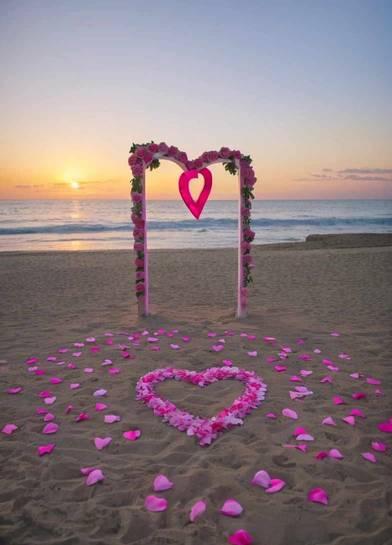 a sign that says with individual letters spelling out “ WILL YOU MARRY ME ” at a beach at sunset a rose shaped into a giant heart with pink and white rose petals and pink roses roses candles in a line light up