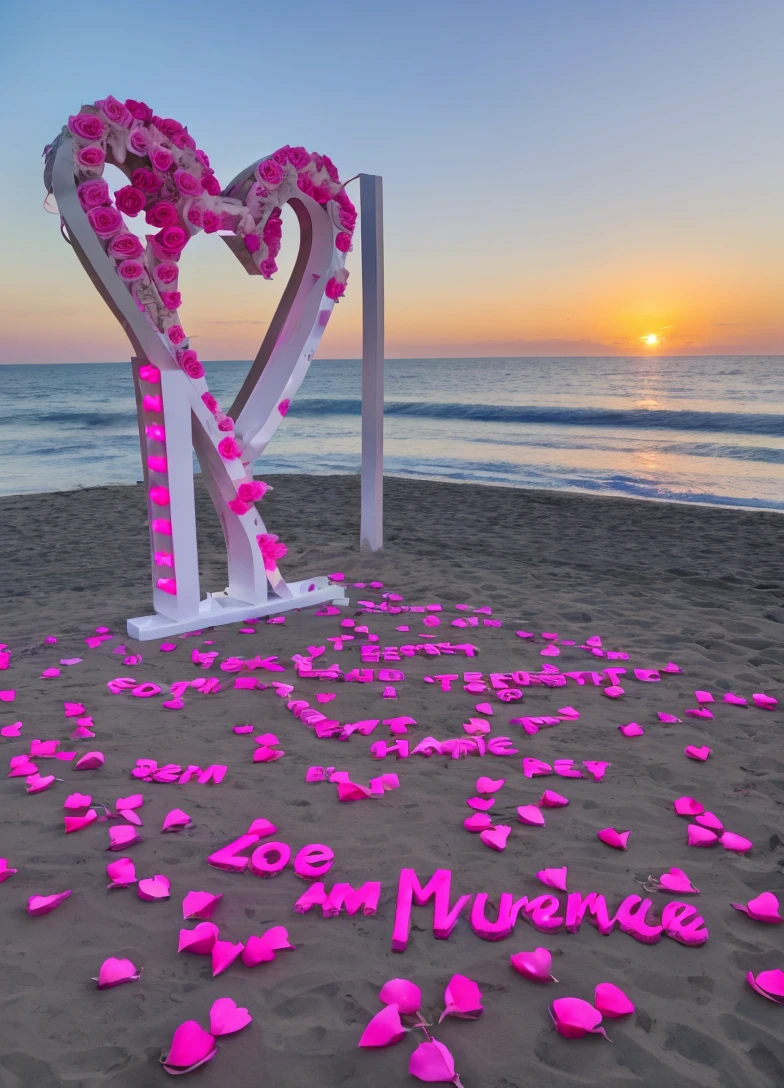 a sign that says with individual letters spelling out “ WILL YOU MARRY ME ” at a beach at sunset a rose shaped into a giant heart with pink and white rose petals  and  pink roses  roses candles in a line light up 