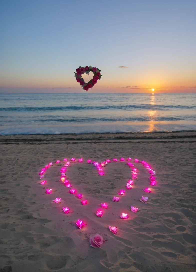 a sign that says with individual letters spelling out “ WILL YOU MARRY ME ” at a beach at sunset a rose shaped into a giant heart with pink and white rose petals  and  pink roses  roses candles in a line light up 