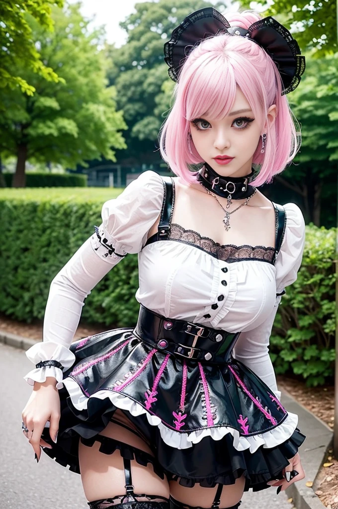 sexy stylish Swedish model, only 1 female, ((doll-like appearance)), short neon pink stylish hair, ((shiny Punk-Style boots)), (beautiful smile), ultra detailed eyes, long lashes, metallic eye-makeup, lip-gloss, ((sexy Punk ta cosplay)), unconventional skirt, petticoats, high neckline, ((ultra detailed lace)), ((ultra detailed embroidery)), intricate details, tartan patterns, Punk Loliccessoires, Punk Lolita cr, ((large sparkling Punk Lolita jewel, cinematic light, detailed sunny large park background with trees