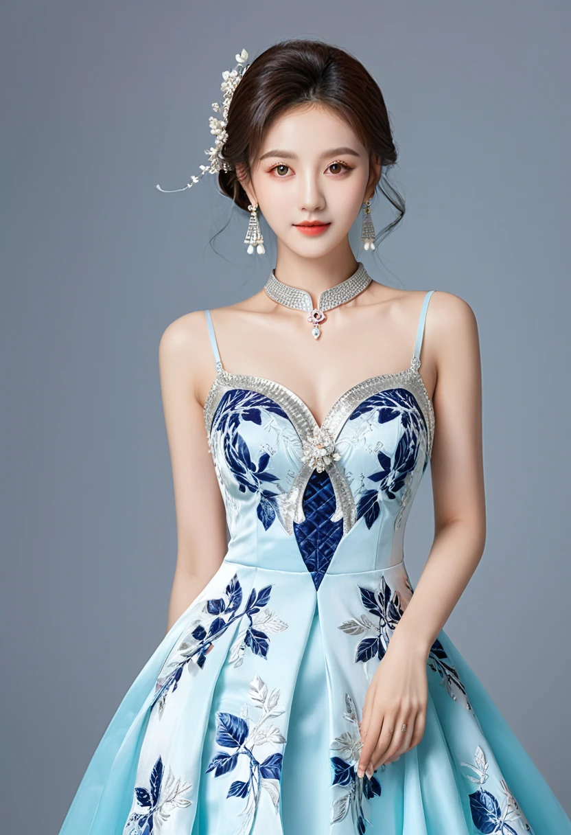 Realistic photo style, whole body 사진에 아름다운 아시아 소녀가 등장합니다., Wearing a unique ethnic style evening gown with delicate skin., bright and lively eyes, Thick eyelashes that look especially attractive. Long dresses are slim and elegant., Eye-catching silver jewelry and alcohol. The high-collar design adds an elegant atmosphere., Color of blue and white porcelain. using light and shadow, The vivid and harmonious appearance of the protagonist is highlighted... whole body, (masterpiece, best quality, professional, perfect composition, very aesthetic, absurd, very detailed, intricate details:1.3)