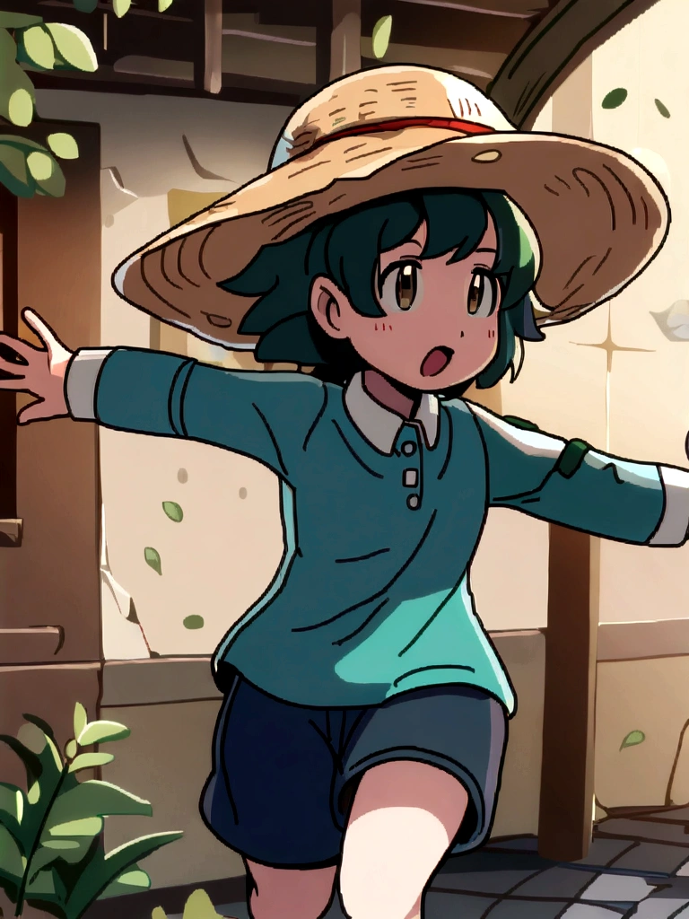 スタジオGhibli styleアニメ映画,Movie stills,Representative works,Official Art,Professional,Super intricate details,
Highest quality,8Kのmasterpiece,Super detailed,超A high resolution,High resolution,Depth of written boundary,
High background image quality,(masterpiece:1.5),
Ghibli style,((((1 girl:1.9,solo)))),Running girl,
The wind is blowing,Back view,Shorts,Wearing a straw hat,