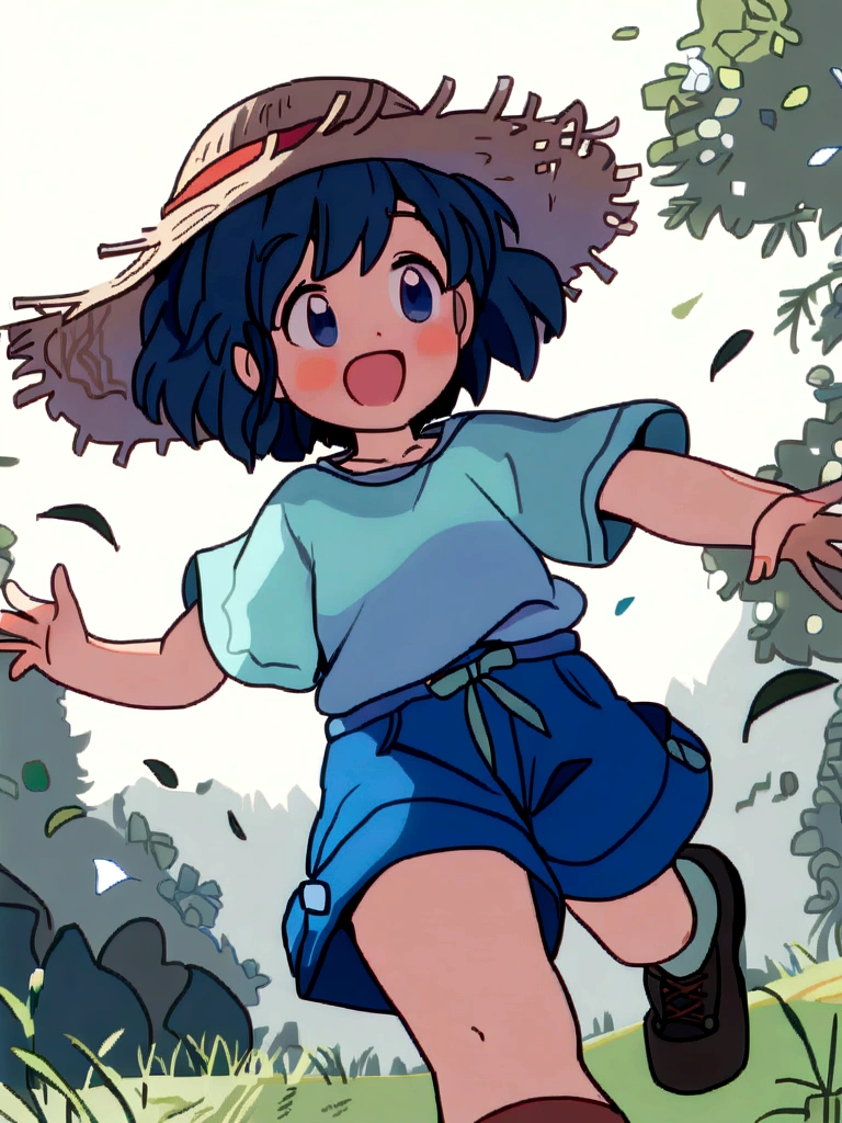 スタジオGhibli styleアニメ映画,Movie stills,Representative works,Official Art,Professional,Super intricate details,
Highest quality,8Kのmasterpiece,Super detailed,超A high resolution,High resolution,Depth of written boundary,
High background image quality,(masterpiece:1.5),
Ghibli style,((((1 girl:1.9,solo)))),Running girl,
The wind is blowing,Back view,Shorts,Wearing a straw hat,