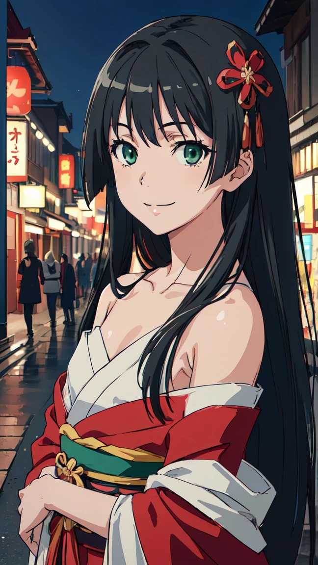  (High resolution:1.4), (masutepiece:1.2), (High quality:1.3) 1girl, saten ruiko, green eyes, long hair, black hair, small breast, Oiran fashion, The city of Kyoto, cinematic lighting,  pov, dynamic angle, off shoulder, smile,