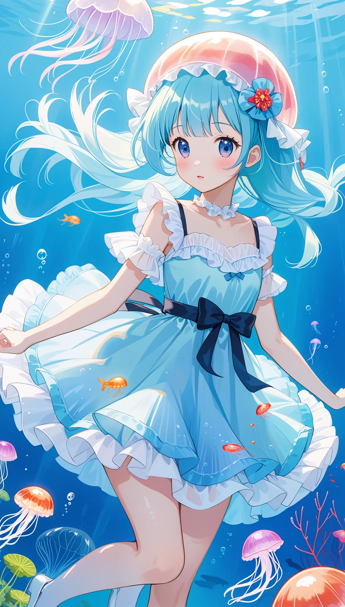 Cute girl yes,flat chest,kawaii,(jellyfish girl:1.2),with arms behind her back,underwater,frilly dress,