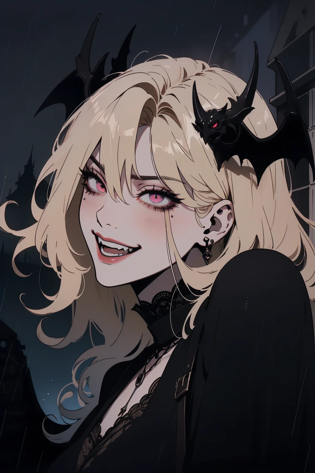 (outside, scary castle, raining, evening, soft light, dim lit, moody vibe, horror \(theme\), ), (insanely detailed, beautiful detailed face, masterpiece, best quality), 1girl, succubus, demon girl, mature female, black hair, pink eyes, grin, smirk, demon horns, black tail, black demon wings, whole body, walking on the ground