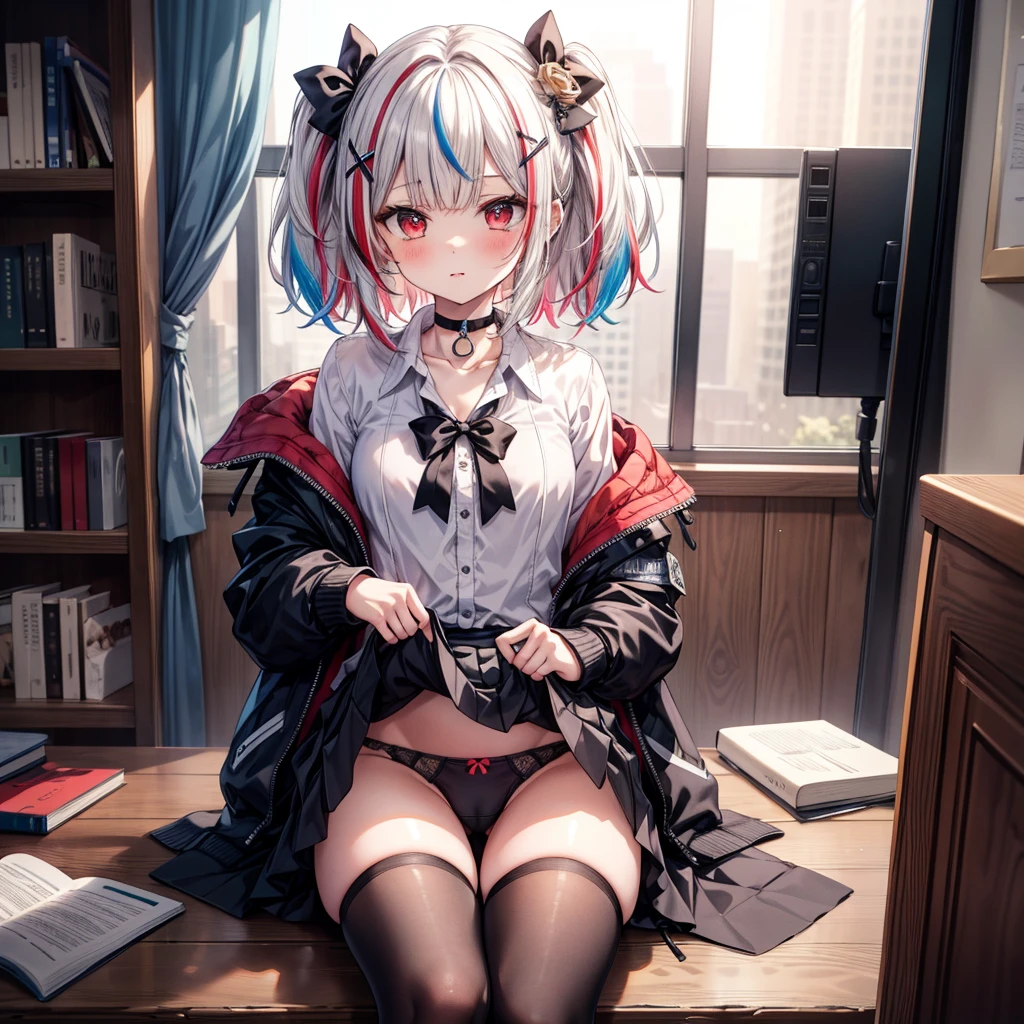 ((Highest quality)), ((masterpiece)), (detailed), the image of the image of the cartoon girl showing her underwear to everyone, 1girl, 独奏, clock, panties, shirt, streaked hair, skirt, underwear, jacket, skirt lift, clothes lift, thighhighs, multicolored hair, white shirt, black panties, lifted by self, choker, collared shirt, looking at viewer, hood, dress shirt, hair ornament, red eyes, bow, black choker, open jacket, sitting, black thighhighs, x hair ornament, blush