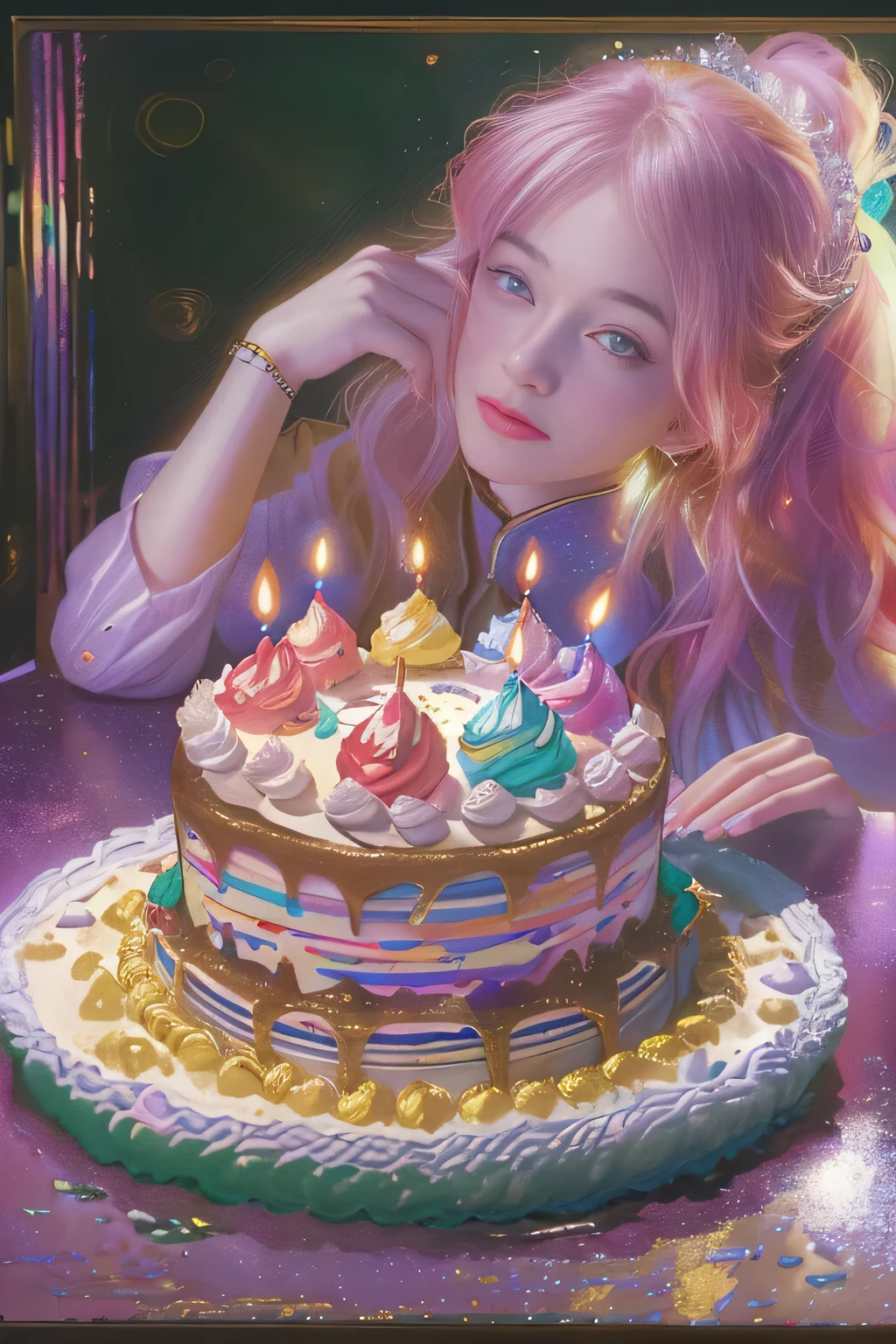 (a beautiful girl celebrating her birthday, birthday cake, surreal portrait, official art aesthetics),(best quality, 4k, highres, masterpiece:1.2), ultra-detailed, (realistic, photorealistic:1.37), portraits, vibrant colors, soft lighting