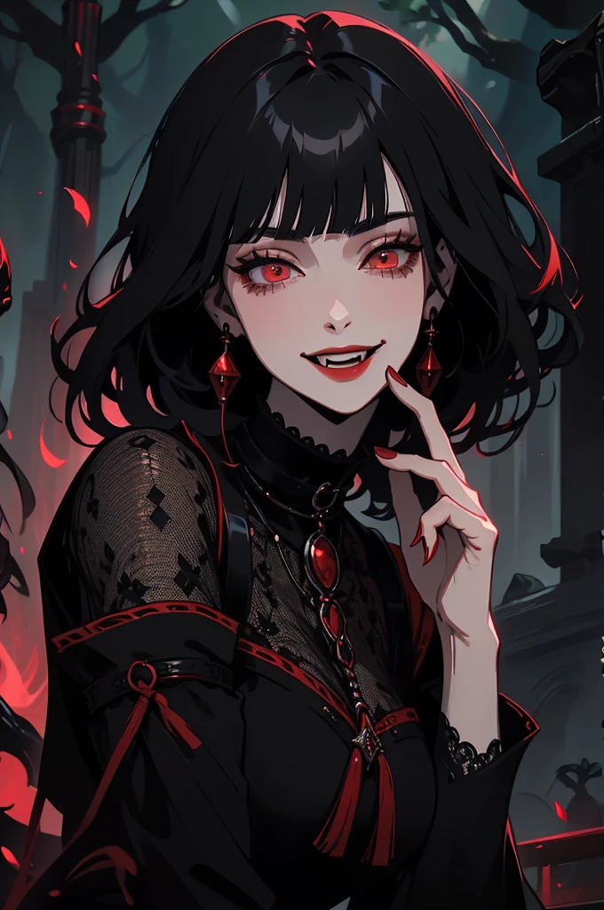 One, young woman, red coat, Red eyes , direct facial treatment, Short hair length, straight hair, straight bangs, color of light and gradient black stripes, Japanese style, long earrings, Snide smile, 48 years old, Japanese Setting, Red lipstick