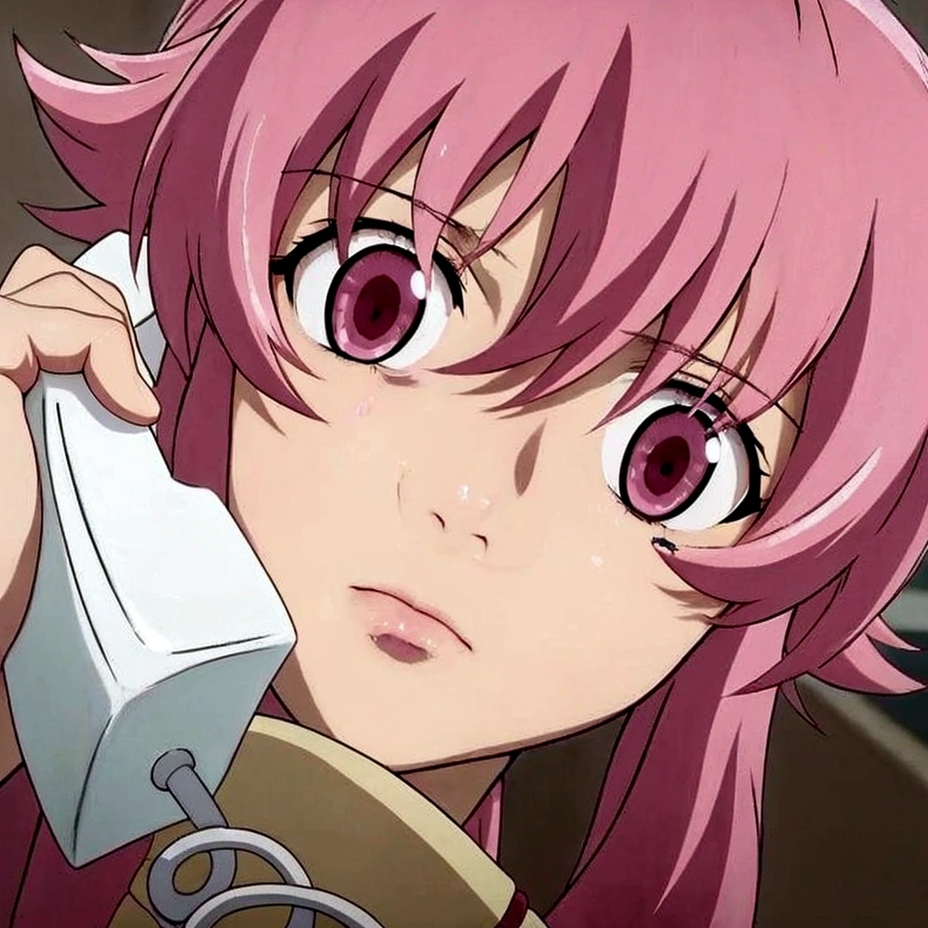 anime girl with pink hair talking on a cell phone, anime girl named gasai yuno, mirai nikki, gasai yuno, gasai yuno, mirai nikki, mirai nikki, in the anime film, gasai yuno, mirai nikki, still from tv anime, today's featured anime still