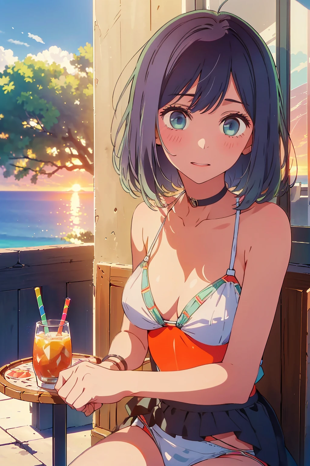 (Highest quality:1.4、masterpiece:1.uper detailed:1.4、8K:1.4)、 body、((((1 person、Surprised expression、sit、Outdoor café terrace、coastal、juice、table、Sandy Beach、bikini、juiceのグラスを持つ、Big eyes、Shallow depth of field、Very cute face))))、(((sunset、Sunset)))、(((bikiniサイズは小さい)))、F cup bust、Big Bre close and take a photo