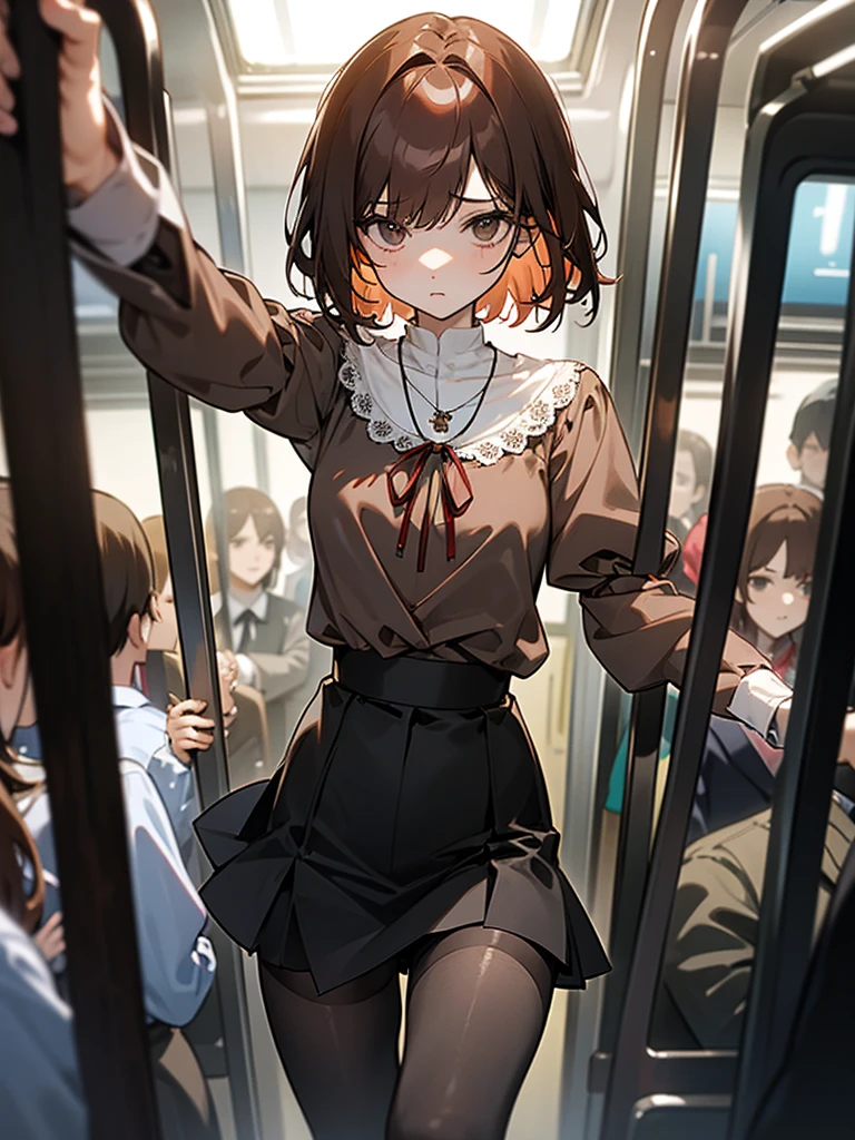 Reddish brown short length hair、gray chiffon blouse、Flared sleeves、ボウタイ、ribbon、Tight Skirt、Black Stockings、necklace、TİTS、slender、In a crowded train、Messed up、slender、High resolution face、Drawn eyes、