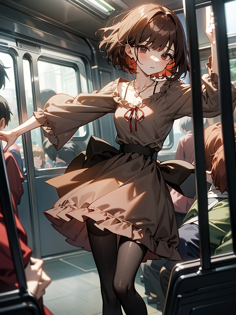 Reddish brown short length hair、gray chiffon blouse、Flared sleeves、ボウタイ、ribbon、Tight Skirt、Black Stockings、necklace、TİTS、slender、In a crowded train、Messed up、slender、High resolution face、Drawn eyes、
