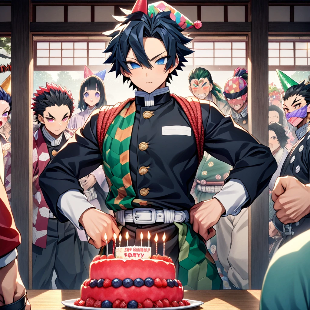Ultra detailed, high resolution, absurd, HDR, masterpiece, Demon Slayer, Kimetsu no Yaiba, Demon Slayer, Kimetsu no Yaiba, Tomioka Giyuu, Uzui Tengen, Sanemi Shinazugawa, the hashiras are wearing birthday party hats, handsome, strong man, it's someone's birthday, they are inside a Japanese house ,in black demon slayer corps uniform, anime Kimetsu No Yaiba, fantasy, handsome, best quality, extremely detailed face, party, Water Hashira, Sound Hashira, Wind Hashira, party at the demon slayer corps with the three hashiras, party