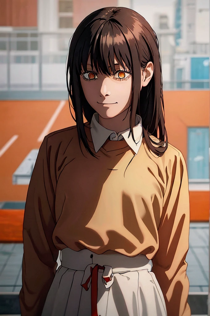 1 girl, solo, Nayuta (chainsaw man), black hair, x hair ornament, long hair, hair ornament, orange eyes, looking at viewer, long sleeves, dress, uniform, smile, ribbon hair, closed mouth, shirt black, hair between eyes, traditional media, (giving half a finger)