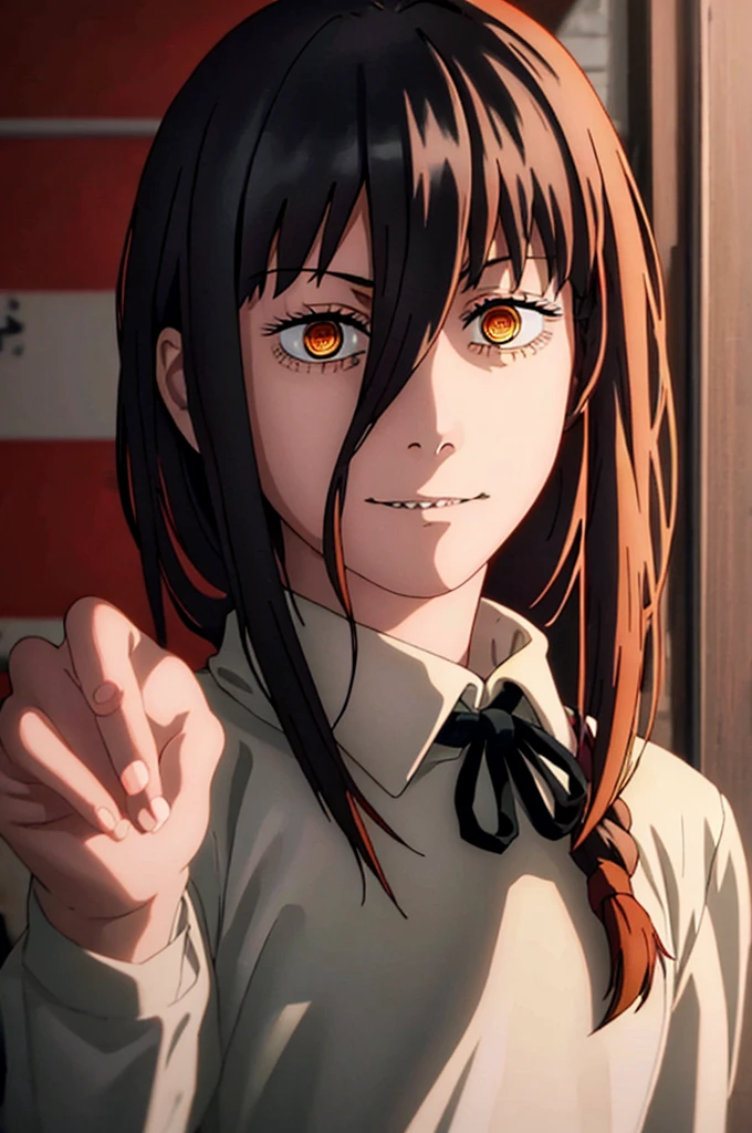 1 girl, solo, Nayuta (chainsaw man), black hair, x hair ornament, long hair, hair ornament, orange eyes, looking at viewer, long sleeves, dress, uniform, smile, ribbon hair, closed mouth, shirt black, hair between eyes, traditional media, (giving half a finger)