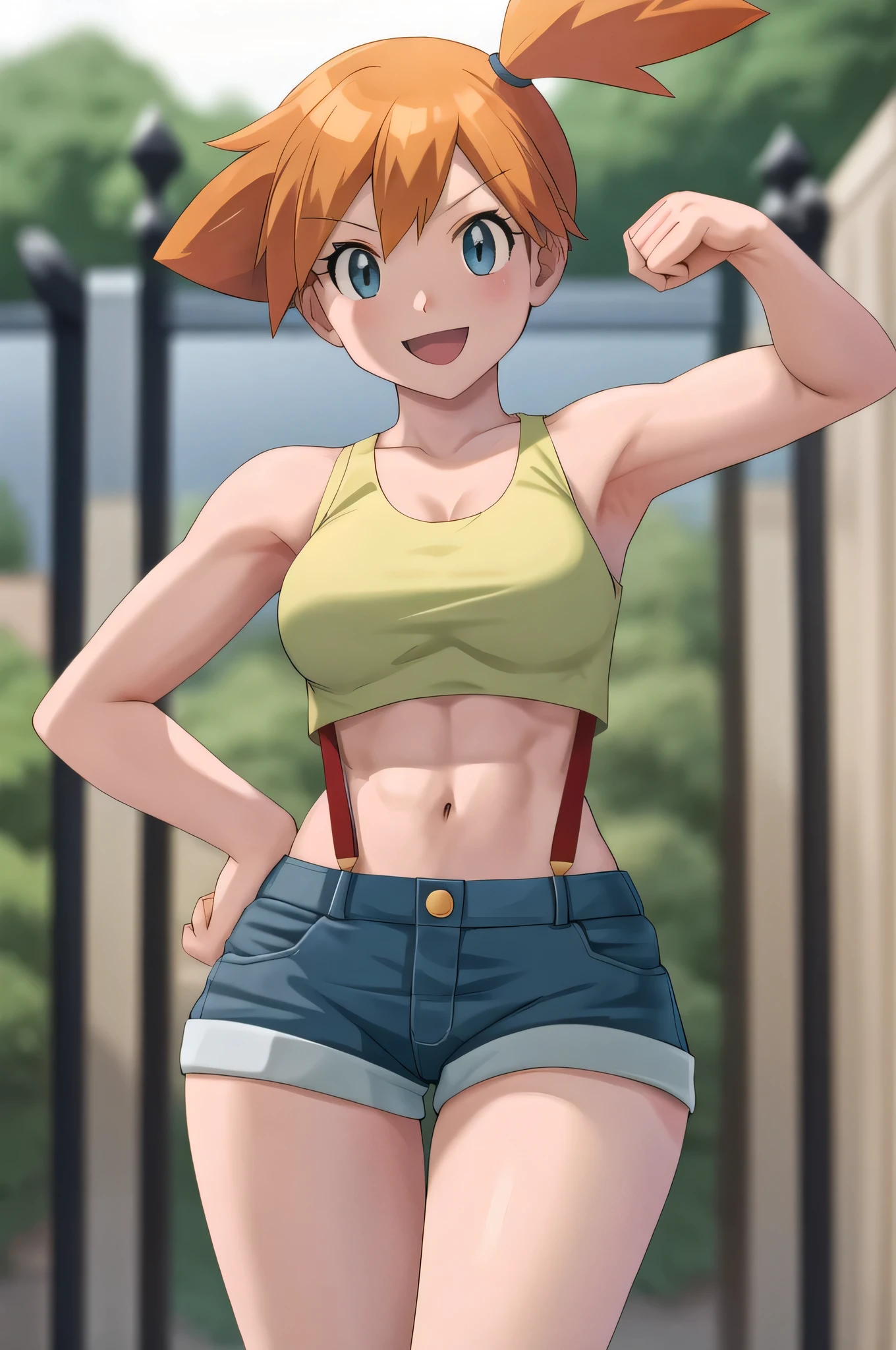 misty (pokemon)、masterpiece、Highest quality、High resolution、Game Girls、solo、Orange Hair、Shorts、suspenders、Side Ponytail、Orange Hair、abdomen、Strong muscles、Yellow sports bra、belly button、short hair、denim、denim Shorts、Big Breasts、Large Breasts、smile、sports bra with an yellow、Toned body、Cowboy Shot、muscular girl、looking at viewer、Are standing、Outdoor、female focus、