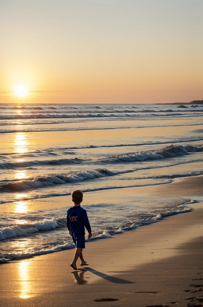 Sam on the Beach**: A young boy walking along a sandy beach at sunrise