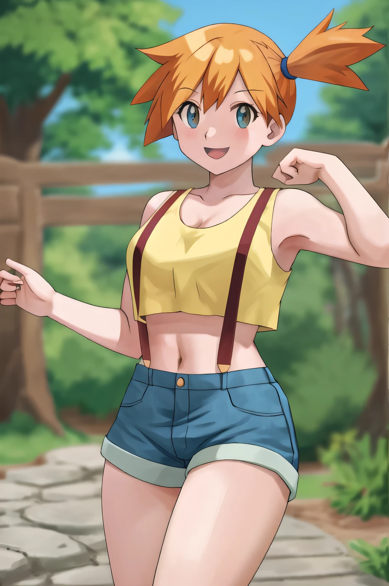 misty (pokemon)、masterpiece、Highest quality、High resolution、Game Girls、solo、Orange Hair、Shorts、suspenders、Side Ponytail、Orange Hair、abdomen、Yellow sports bra、belly button、short hair、denim、denim Shorts、Big Breasts、Large Breasts、smile、sports bra with an yellow、Toned body、Cowboy Shot、looking at viewer、Are standing、Outdoor、