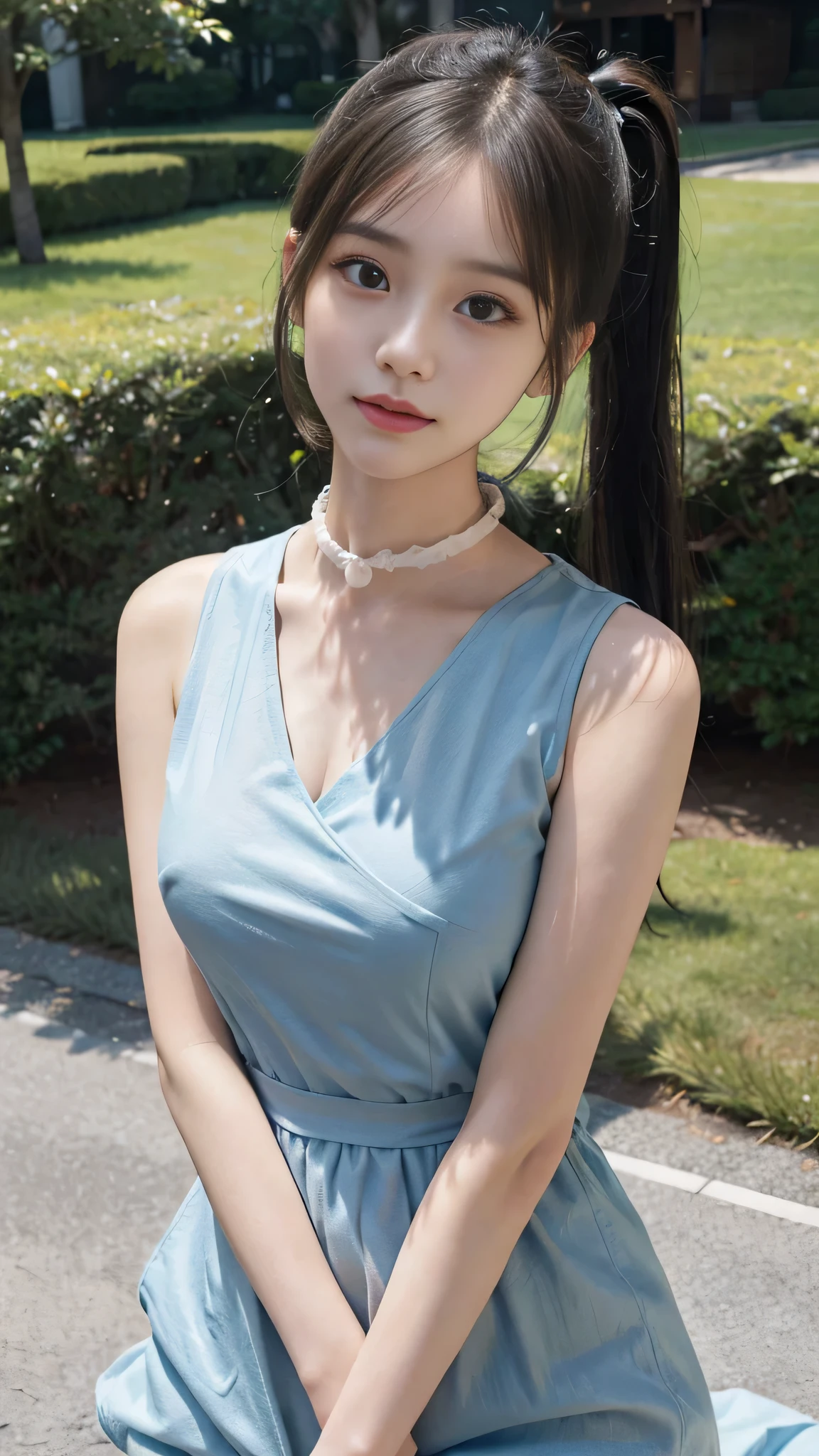 collared dress,european city park,On the lawn,One woman,masutepiece, The highest image quality, High quality, the background is clear,Beautiful woman, Japanese,Ultra-detailed, finely detail, hight resolution, 8K Wallpaper, Perfect dynamic composition, Beautiful detailed eyes , Detailed, Detailed eyes, Detailed skin, Beautiful skin, 超hight resolution, (reality: 1.4),Very beautiful woman, Slightly younger face, Beautiful skin, slender, (Ultra photo realsisim), (hight resolution), (8K), (Very detailed) (beautifully detailed eyes), (super detailed), (Detailed face), view the viewer, Fine details, Detailed face, Staring straight ahead, Staring straight ahead, photos realistic, Bright lighting, Professional Lighting, Black hair,poneyTail,a baby face,sixteen years old,Hairstyle: ponytail,Long ponytail hairstyle,slight smile,neat and tidy clothing,Beautiful Japanese KPOP idol photo, hair style is ponytail, my eyes are double and wide, baby face, smile and look straight ahead, slender, small breasts,Close up face,