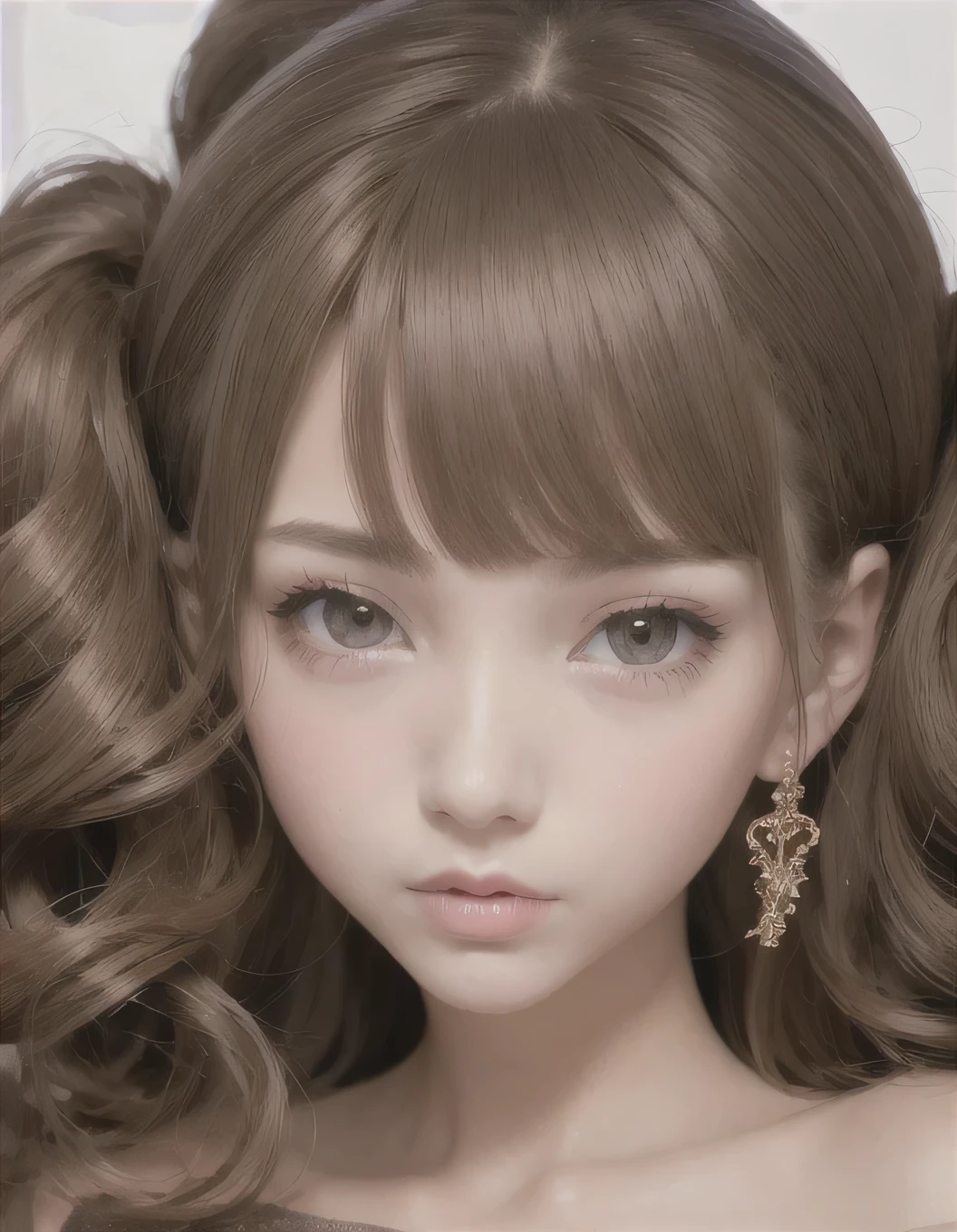 best quality, masterpiece, portrait, girl, cute, barbie, curls, brown hair, brown eyes, detailed face, beautiful eyes, smooth skin, Maid dress,