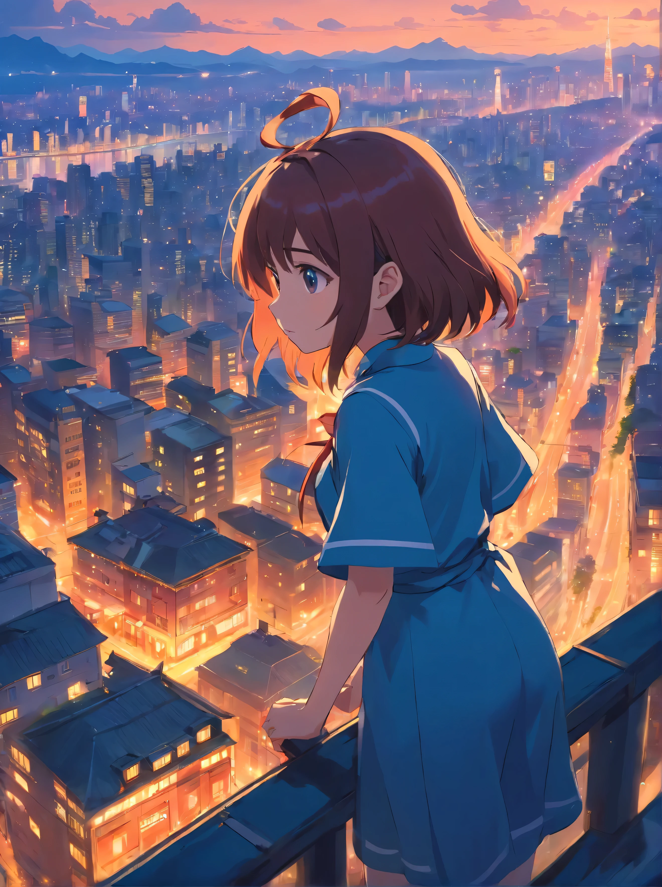 Anime girl looking at big city landscape from a height,Near Future City、 makoto shinkai cyril rolando, anime art wallpaper 4k, anime art wallpaper 4k, Anime art wallpaper 8k, inspired by Cyril Rolando, in the style dan mumford artwork, amazing wallpapers