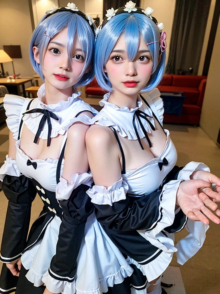 (8K, Photorealistic, Raw photo, of the highest quality: 1.3), (1girl in), Super beautiful, (Realistic face), (boyish, Silver Color Berry Shorthair), Beautiful , Glare that captivates the viewer, Beautiful expression, Beautiful breasts, (Realistic skin), Be...Create a detailed and colorful image of Ram and Rem from Re:Zero, standing back-to-back in their maid outfits, with a magical fantasy background、14years old, two girls,cute, perfect face, beautiful, nice body, gothic lolita clothes, gothic lolita fashion, frilly skirt, headdress, necklace, bracelet, knee-high socks, boots, double eyelids, tear bags, Detailed down to the fingers, photo-like description, indoors, dim indoor lighting, one girl is pink hair and short bob, another girl is light blue hair and short bob,standing, whole body, composition that shows the whole body, smiling,The Both of them are wearing the same type of maid outfit