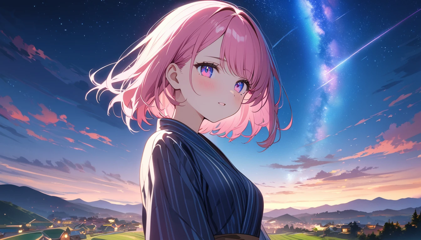 (1 girl), (Best Picture Quality, 8K, Masterpiece:1.3), (high school student:1.5), ((pink lob hair:1.1)), (bob cut), (swept bangs), (cute eyes, pupil black, iris skyblue, youthful face), (mole under right eye), (standard weight), (small breasts), (glistening skin:1.1), (pale skin:1.2),BREAK,((yukata decorated with stars and galaxies)), ((magical glow of light enveloping the yukata)), (bamboo trees with colorful tanzaku swaying in the breeze), (Fluorescent:1.3), (picturesque landscape with rolling hills, quaint village, and floating islands in the sky), (ethereal mist and shimmering lights), ((magnificent view)),(Sparkling magic effect:1.5),(milky way:1.3)