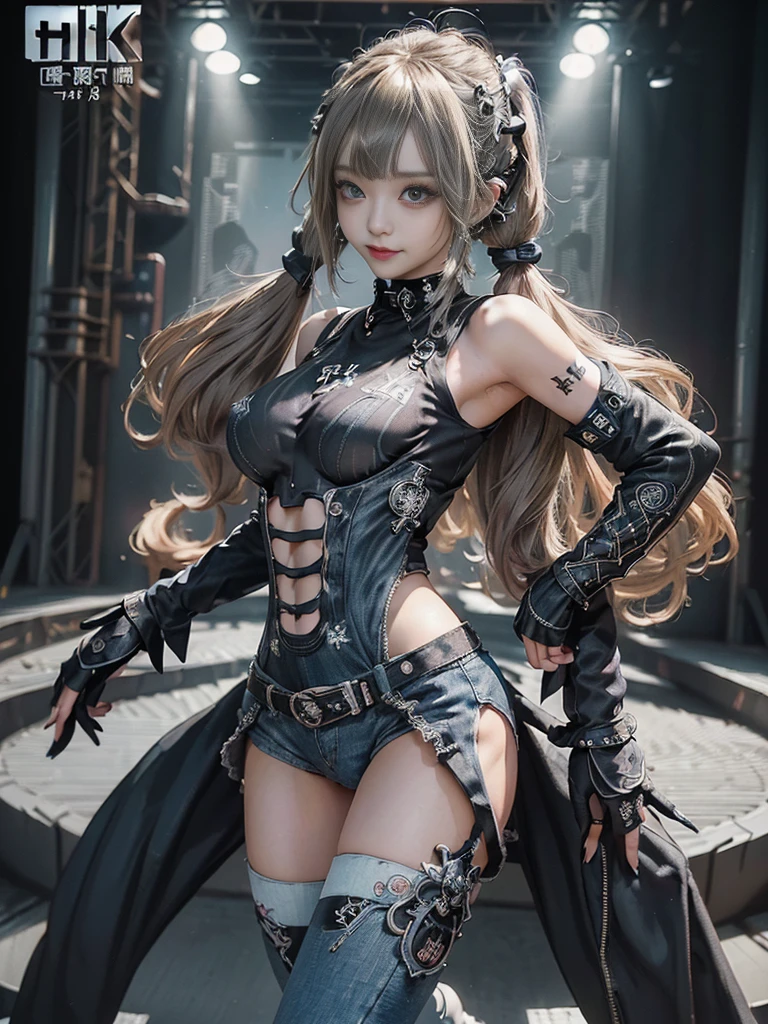(Full Body View:1.4)、(Side view:1.1)、(Smiling with teeth showing:1.3),(Shibuya Gal:1.5)、(Gothic ta style fashion:1.5)、(Punk RockVisual Kei:1.5)、(Wearing a rhythmic gymnastics bodysuit with intricate details:1.4)、(Racing suit and pants with intricate decorations in white, denim and charcoal:1.5)、(Denim and light blue and white boots:1.3)、((belt))、(Numerous delicate logo marks all over the costume:1.4)、(collar:1.3)、(Striped underwear:1.5)、20-year-old、NSFW、((Highest quality、In 8K、masterpiece:1.3))、Sharp focus:1.2、(Layered Cut、Huge boobs:1.1),Beautiful woman with perfect figure:1.4、(Dancing vigorously:1.3)、Slender Abs:1.2、Highly detailed face and skin texture、Detailed eyes、double eyelid,(Twin tails:1.3)、(Brown-golden hair:1.3)、Gravure idol、(The background is the stage of the fashion show:1.3)、(Slim body:1.3),(Make your legs thinner:1.4),(clavicle:1.1)、(Thin and slim thighs:1.3)